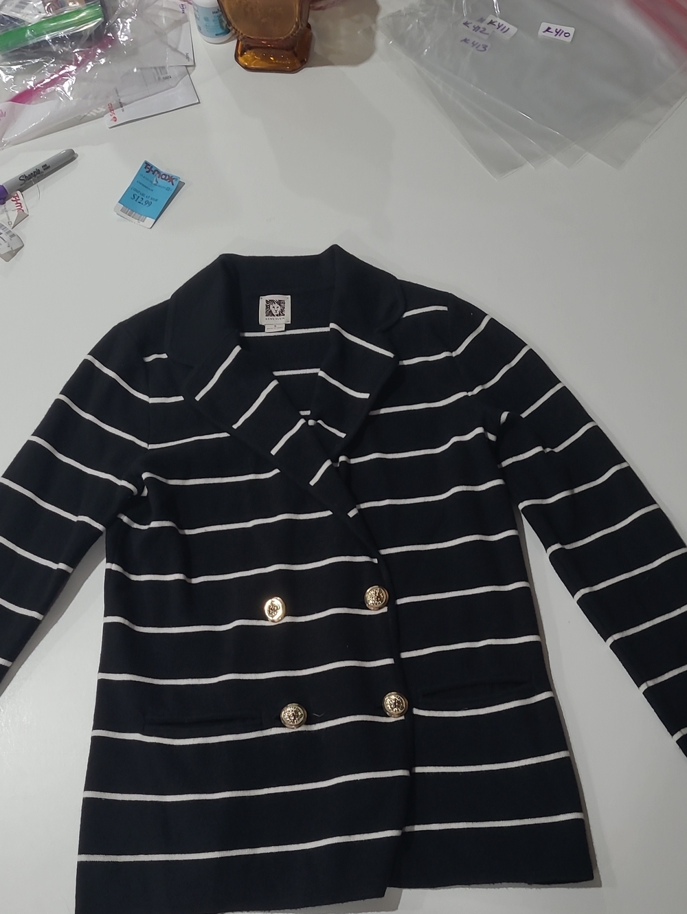 Anne Klein Black and White Striped Double-Breasted Blazer